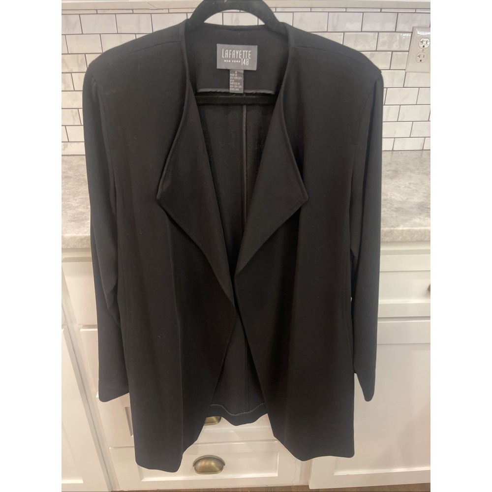 Lafayette 148 Jacket Womens 8 Black Wool Open Front Draped Shawl Collar Cardigan
